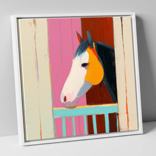 Over the Turquoise Door horse stable canvas wall art in white frame