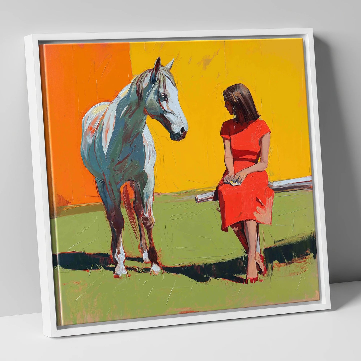 Vibrant Connection horse & rider canvas wall art in white frame