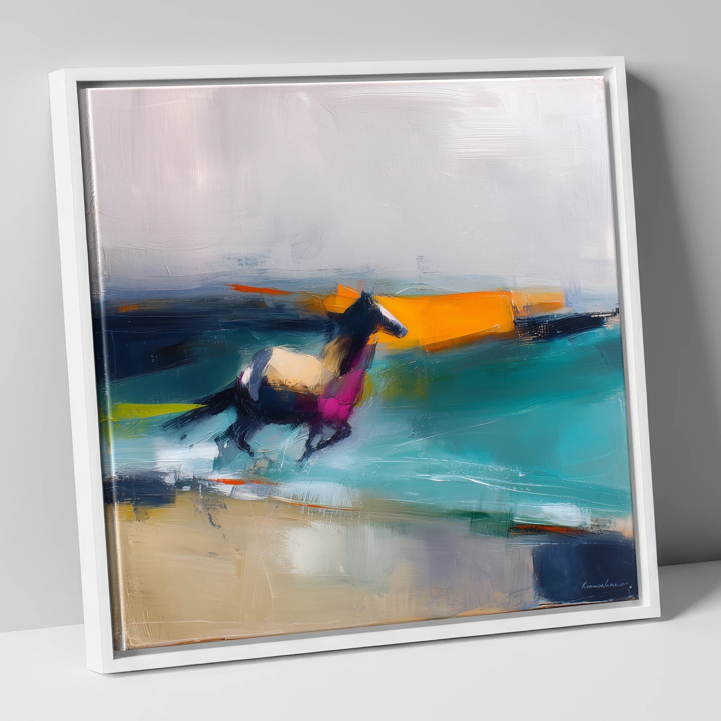 Vivid Coastal Gallop beach horse canvas wall art in white frame