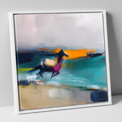 Vivid Coastal Gallop beach horse canvas wall art in white frame