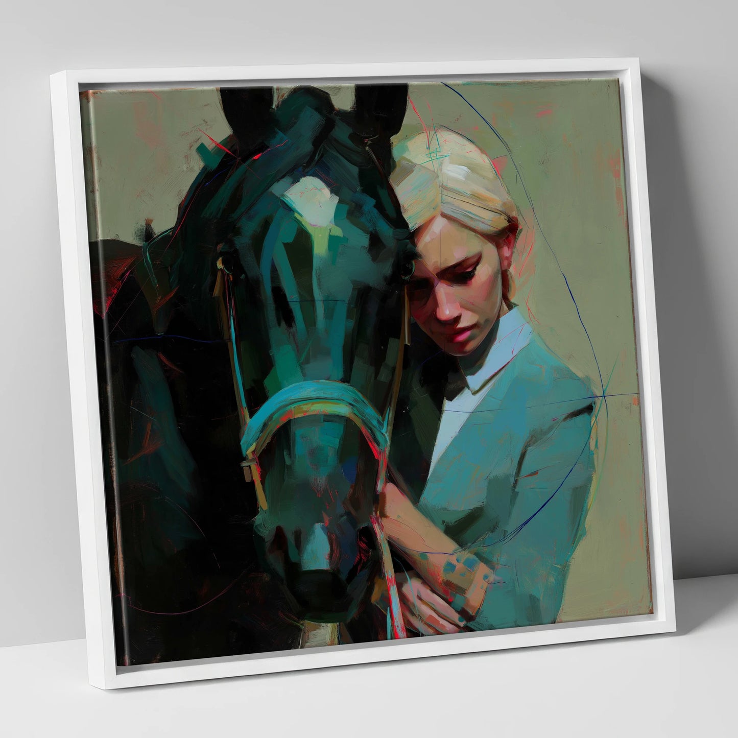 Silent Understanding horse & rider canvas wall art in white frame
