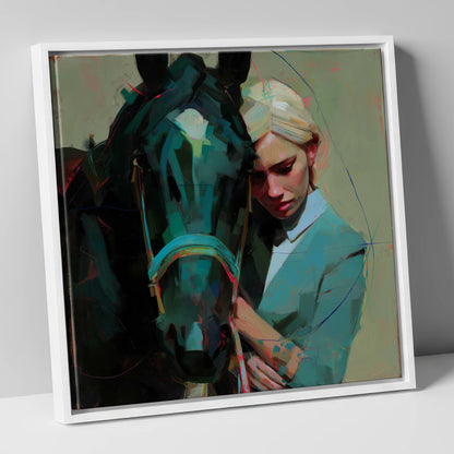 Silent Understanding horse & rider canvas wall art in white frame