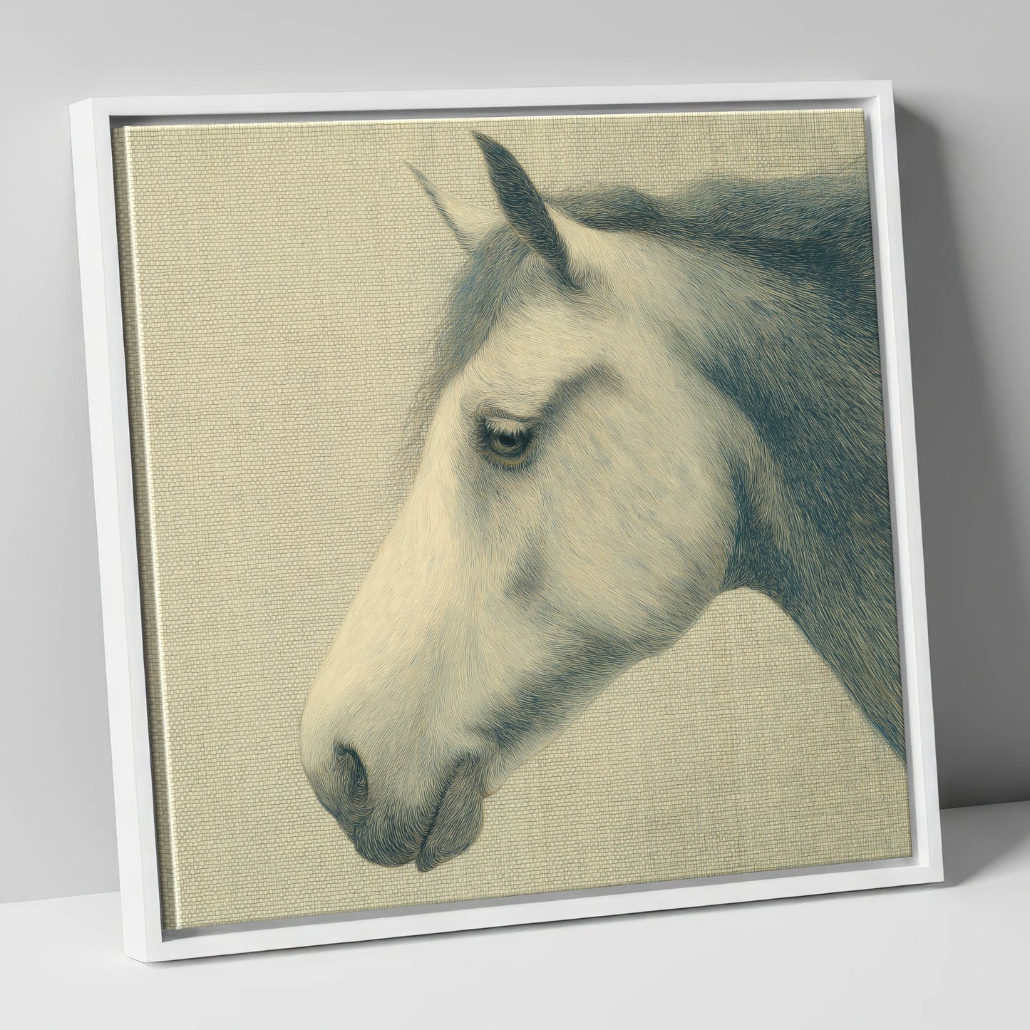 Classic Slate Equine Profile horse portrait canvas wall art in white frame