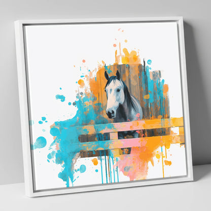 The Inquisitive Grey horse stable canvas wall art in white frame