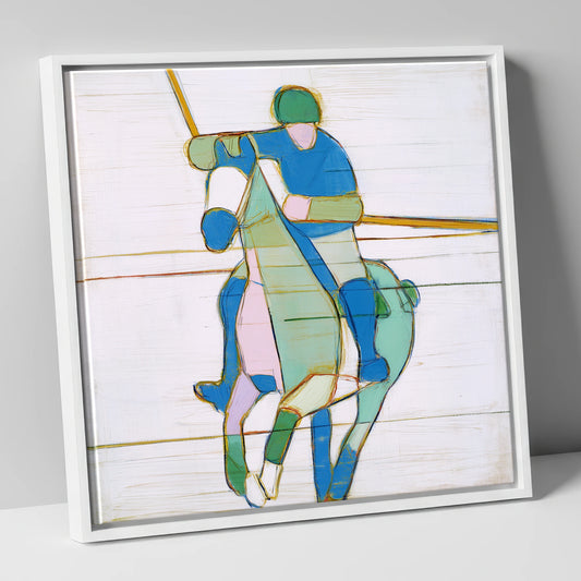 Azure Polo Rhythms polo horse canvas wall art in white frame