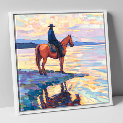 Solitary Sunset Ride beach horse canvas wall art in white frame