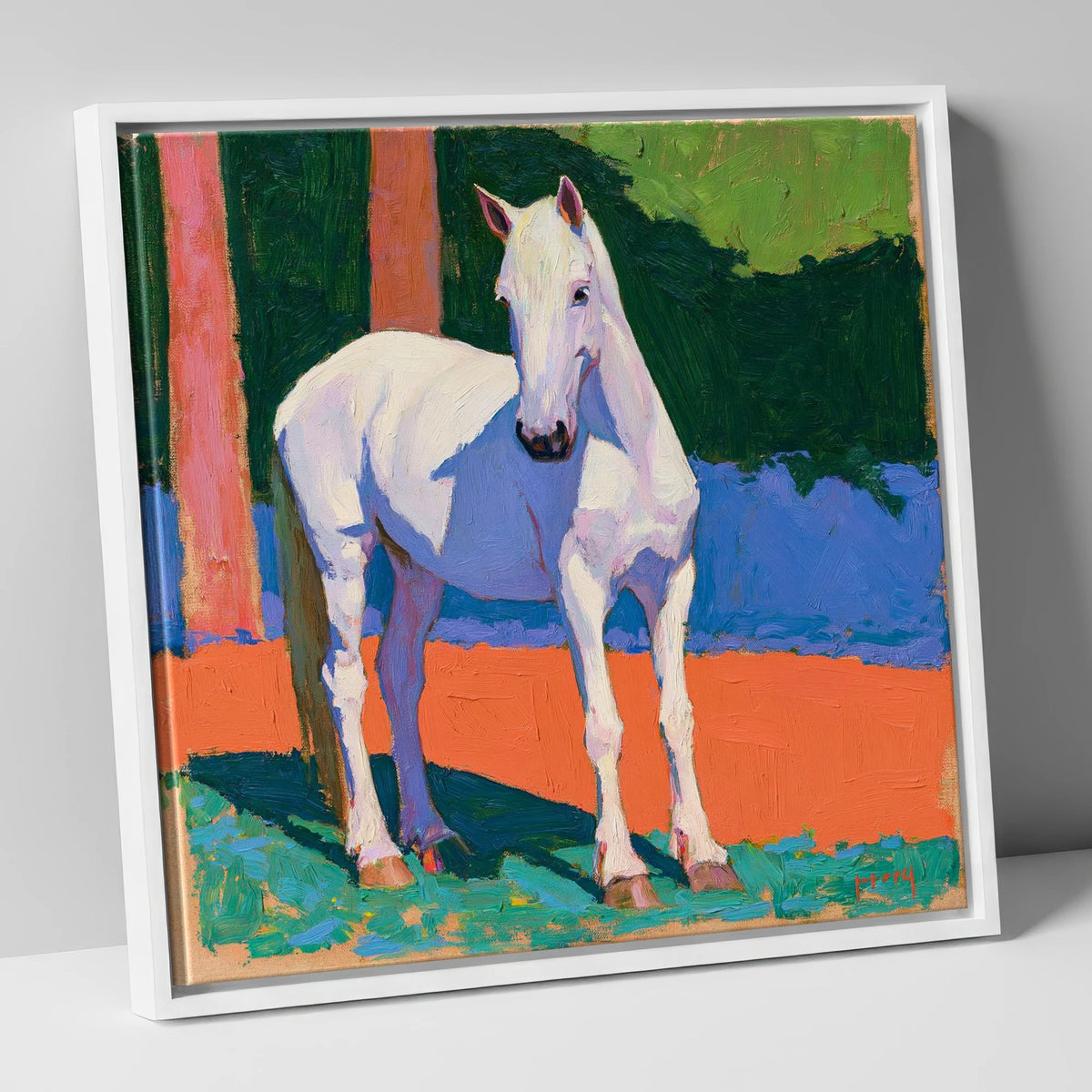 Vibrant Painted Grey Horse horse breed canvas wall art in white frame
