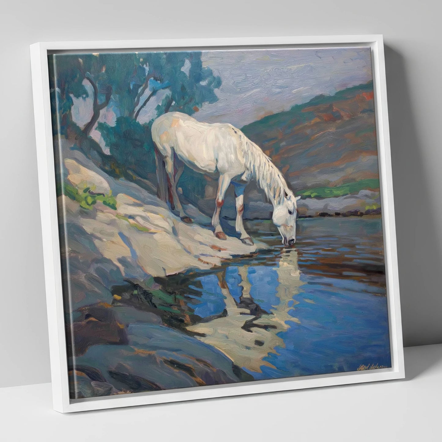 Tranquil Waters Edge horse landscape canvas wall art in white frame