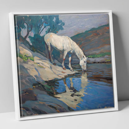 Tranquil Waters Edge horse landscape canvas wall art in white frame