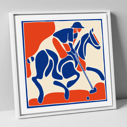 The Decisive Strike polo horse canvas wall art in white frame