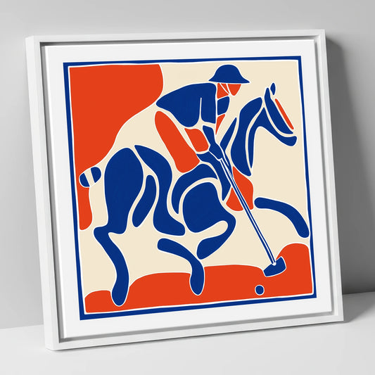 The Decisive Strike polo horse canvas wall art in white frame