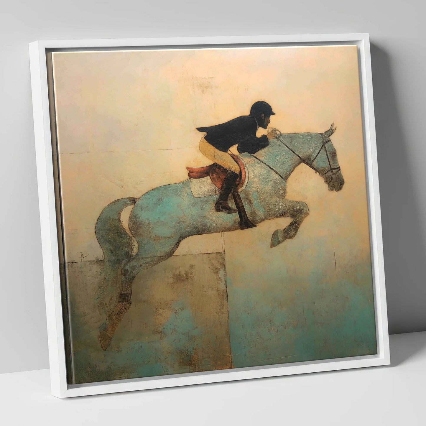Turquoise Flight show jumping horse canvas wall art in white frame