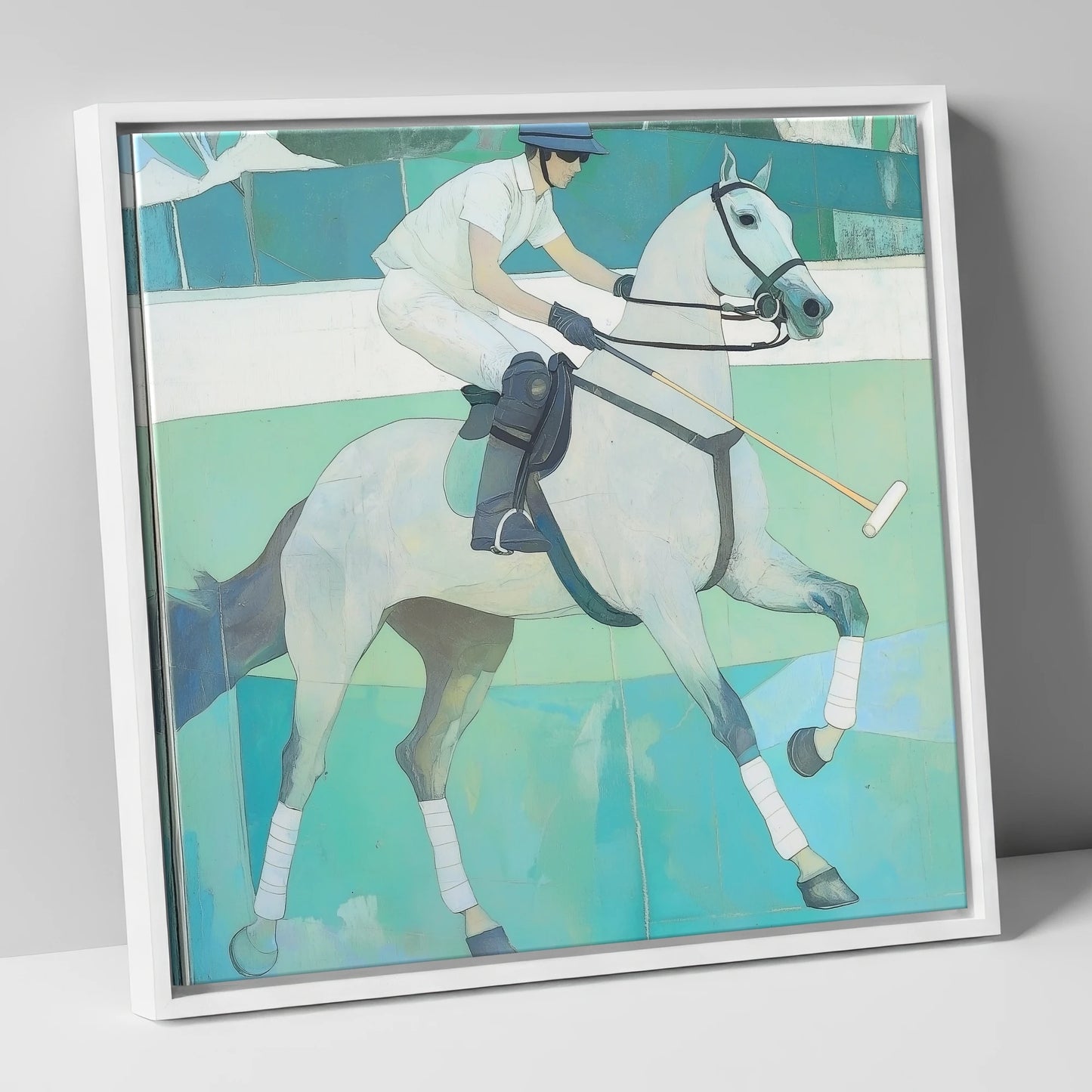 The Serene Chukka polo horse canvas wall art in white frame