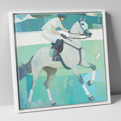 The Serene Chukka polo horse canvas wall art in white frame