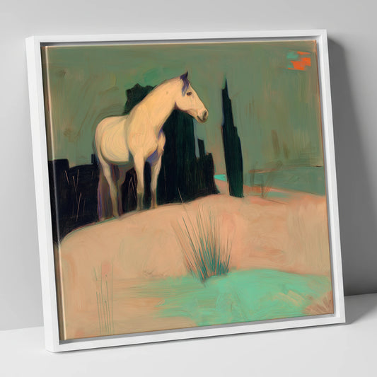 Dusk in the Cypress Grove horse landscape canvas wall art in white frame