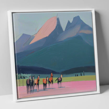 Rose Peaks Herd horse landscape canvas wall art in white frame