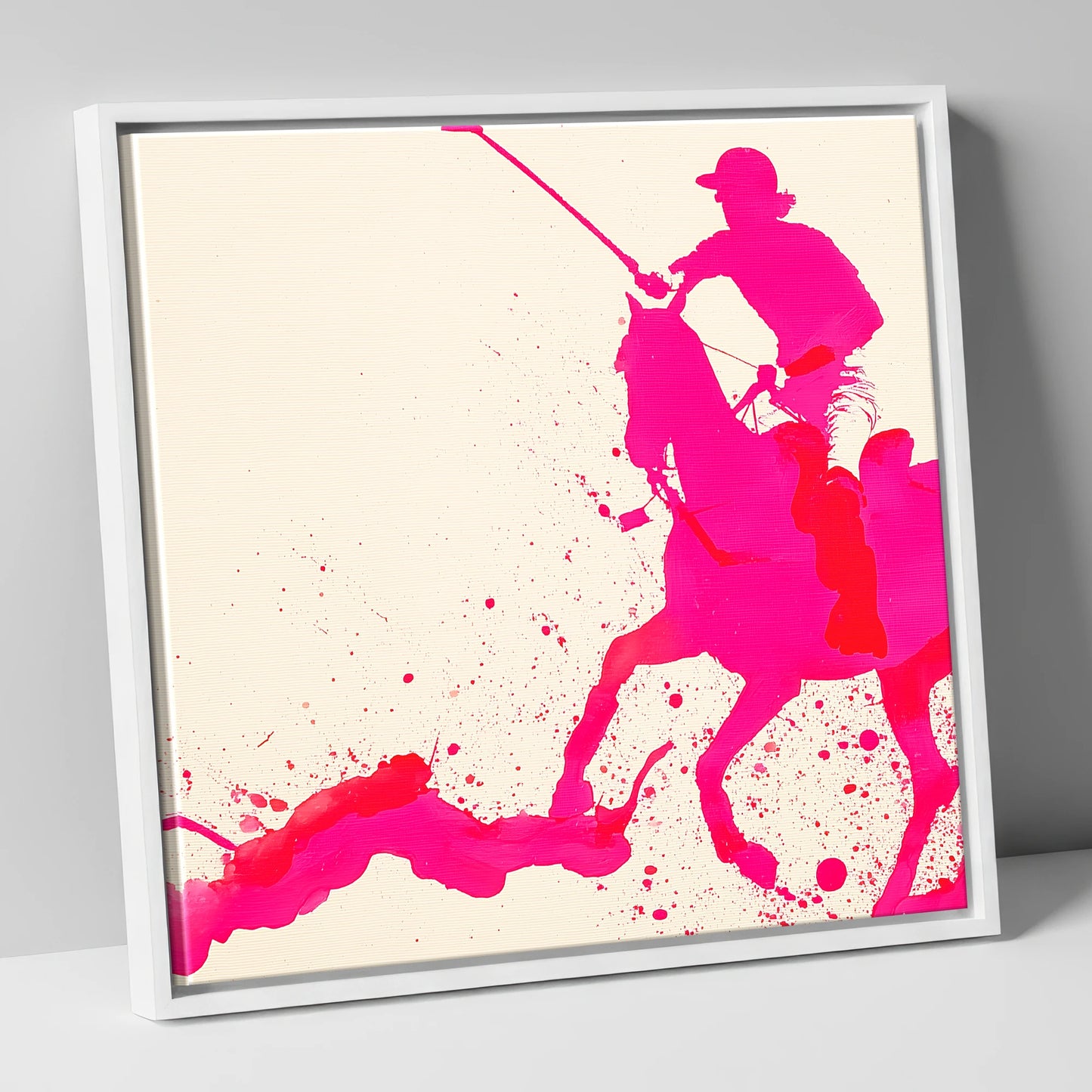 Vibrant Polo Strike polo horse canvas wall art in white frame