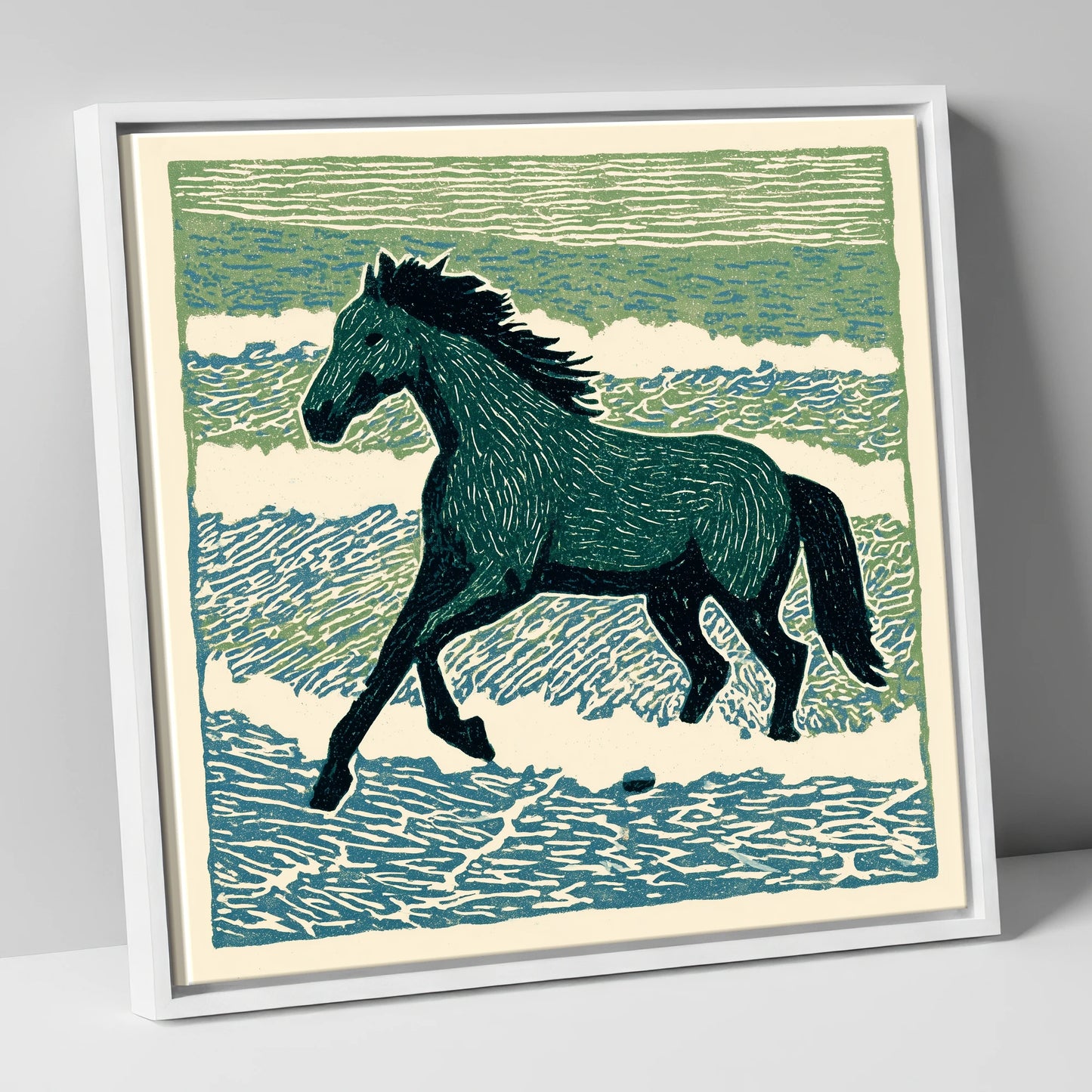 Surf and Stride beach horse canvas wall art in white frame