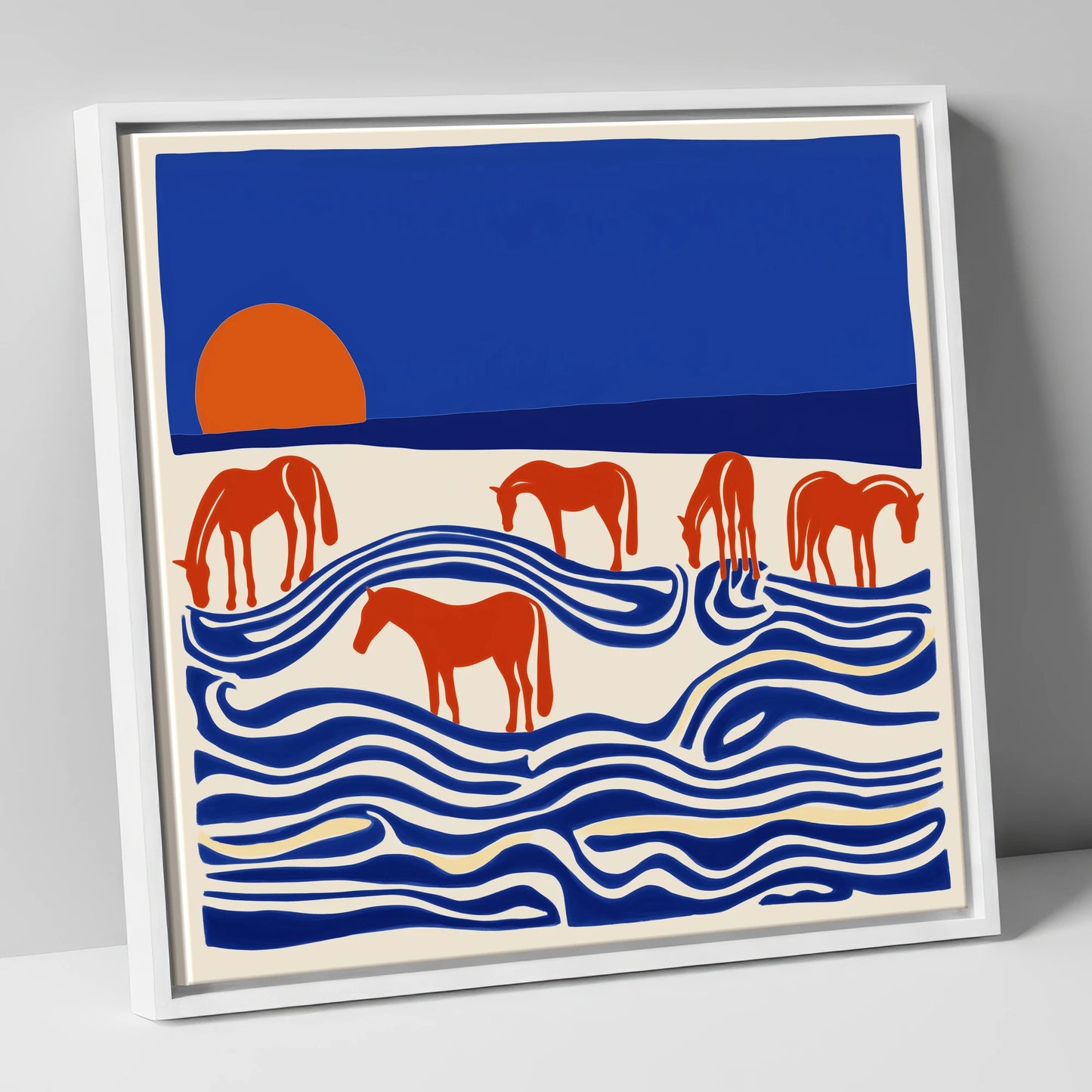 Cobalt Sunset Herd wild horses canvas wall art in white frame
