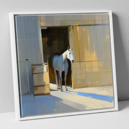 Sunlit Stable Doorway horse stable canvas wall art in white frame
