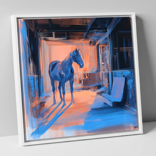 The Quiet Aisle horse stable canvas wall art in white frame
