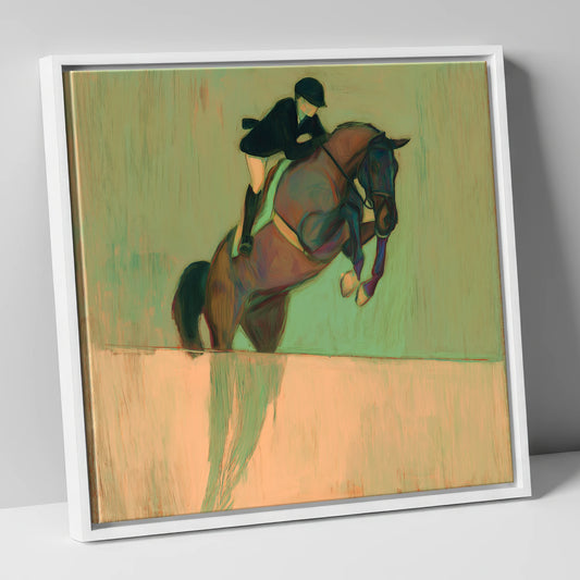 Suspension in Sage show jumping horse canvas wall art in white frame
