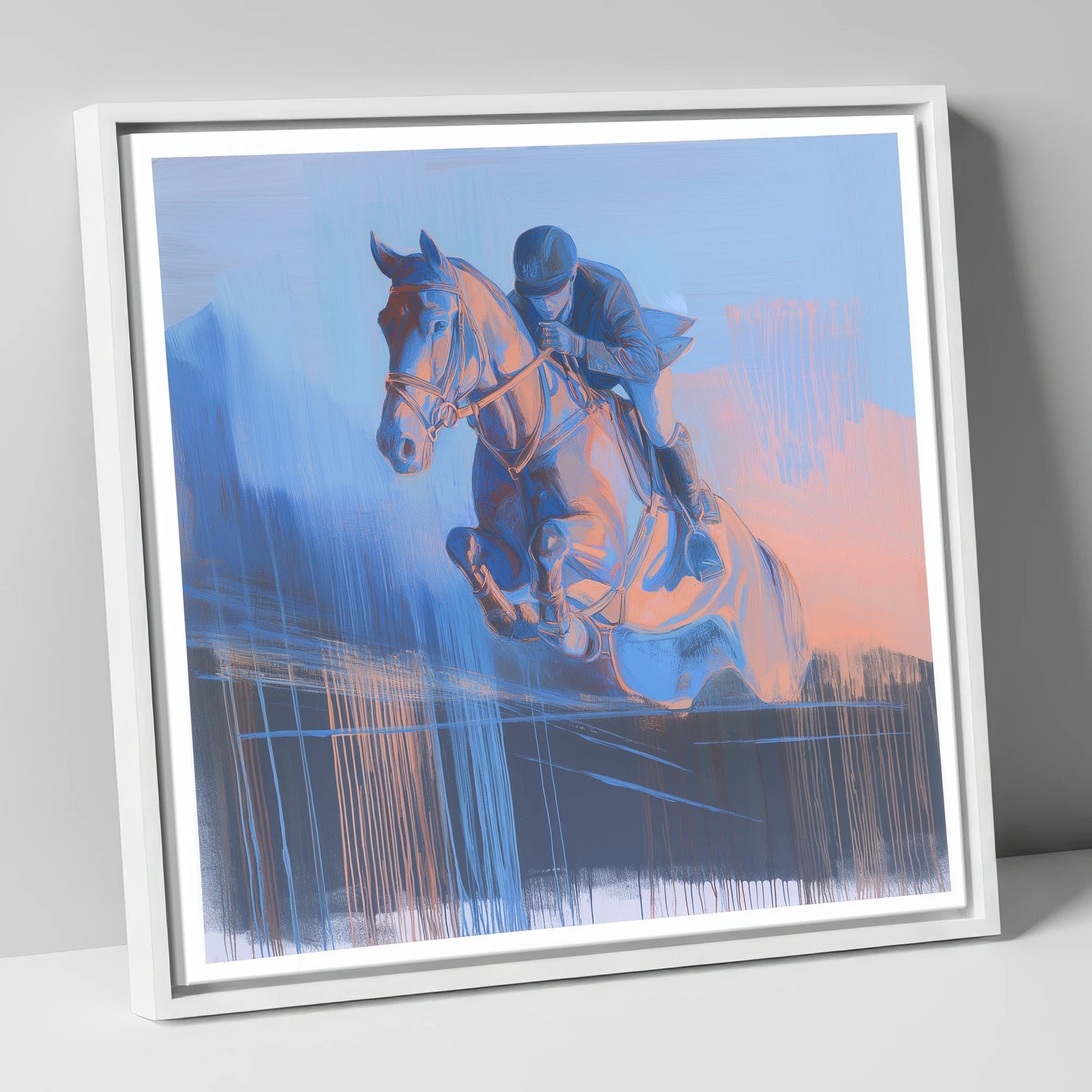 Suspended in Cobalt show jumping horse canvas wall art in white frame