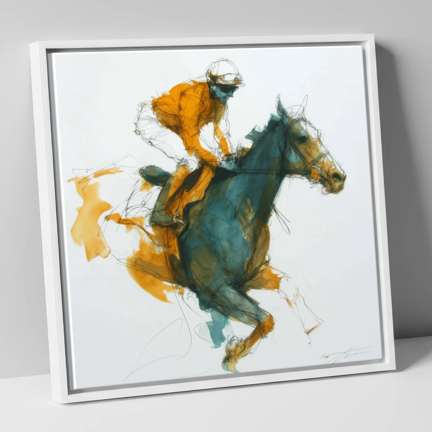 Amber Stride racing horse canvas wall art in white frame