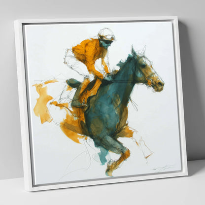 Amber Stride racing horse canvas wall art in white frame