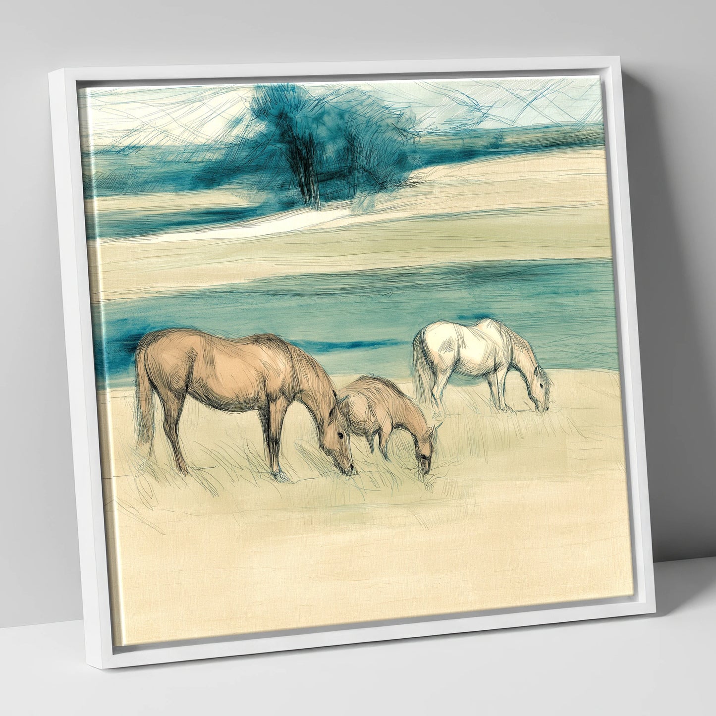 Tranquil Teal Pastures mare & foal canvas wall art in white frame