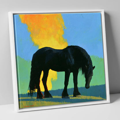 Black Heavy Horse Vibrant Landscape horse breed canvas wall art in white frame
