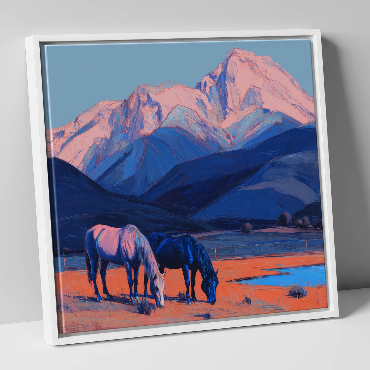 Indigo Mountain Pastures horse landscape canvas wall art in white frame