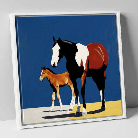 Striking Skewbald Bond mare & foal canvas wall art in white frame