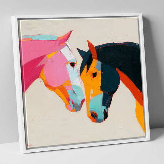 Vibrant Equine Bond horse portrait canvas wall art in white frame