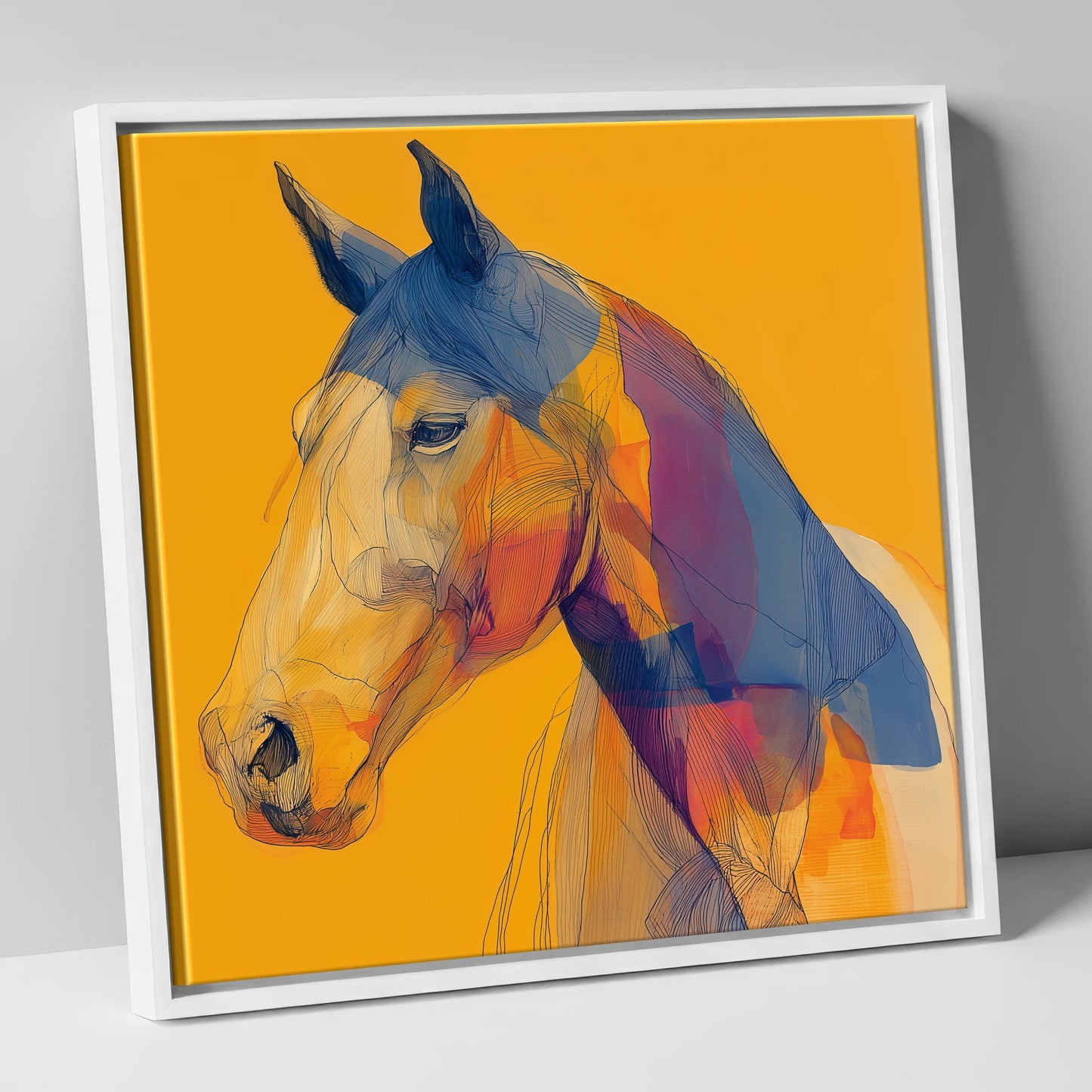Contemporary Cobalt Equine horse portrait canvas wall art in white frame