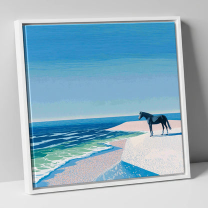 Coastal Solitude horse landscape canvas wall art in white frame