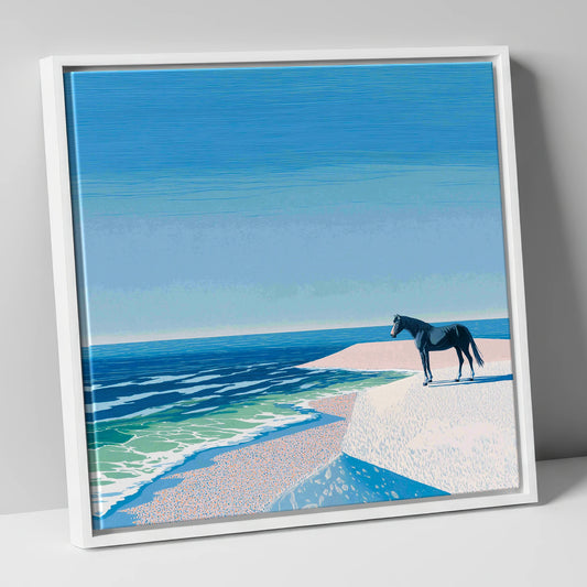 Coastal Solitude horse landscape canvas wall art in white frame