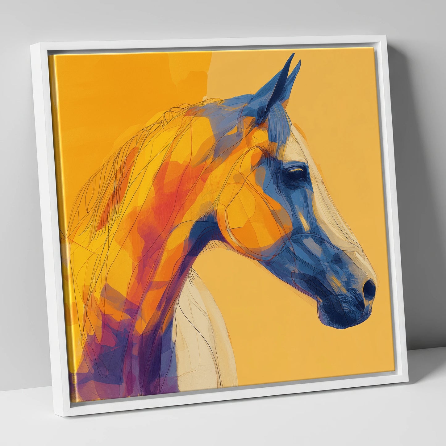 Cobalt and Amber Profile horse portrait canvas wall art in white frame