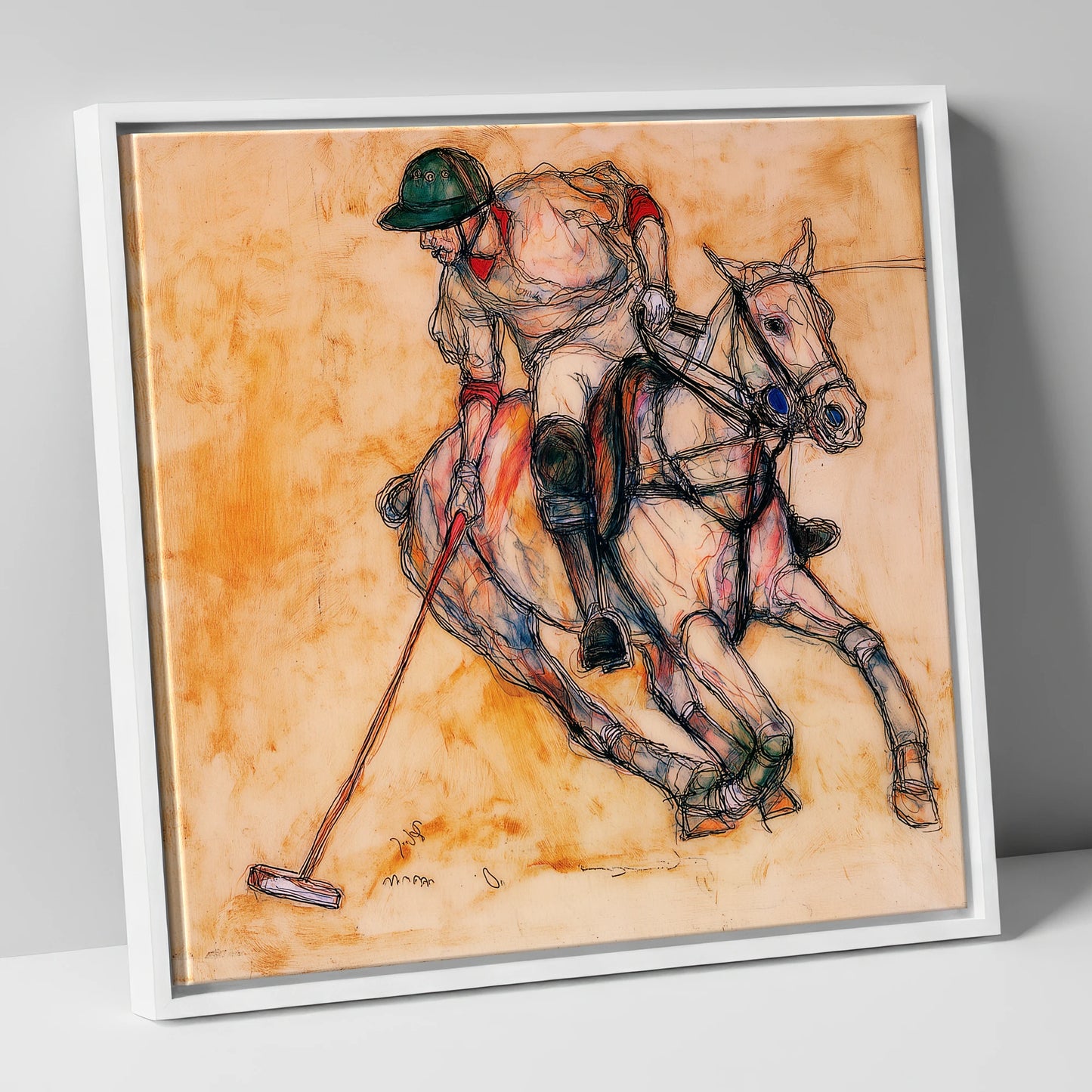 The Decisive Strike polo horse canvas wall art in white frame