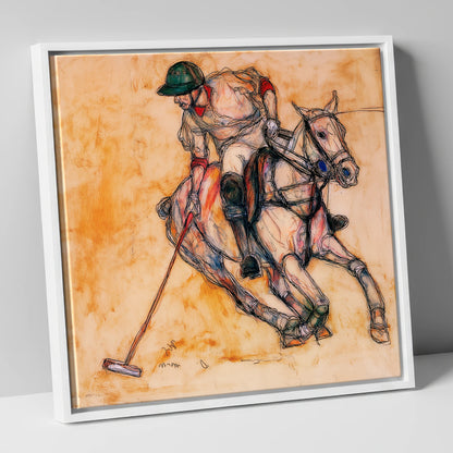 The Decisive Strike polo horse canvas wall art in white frame