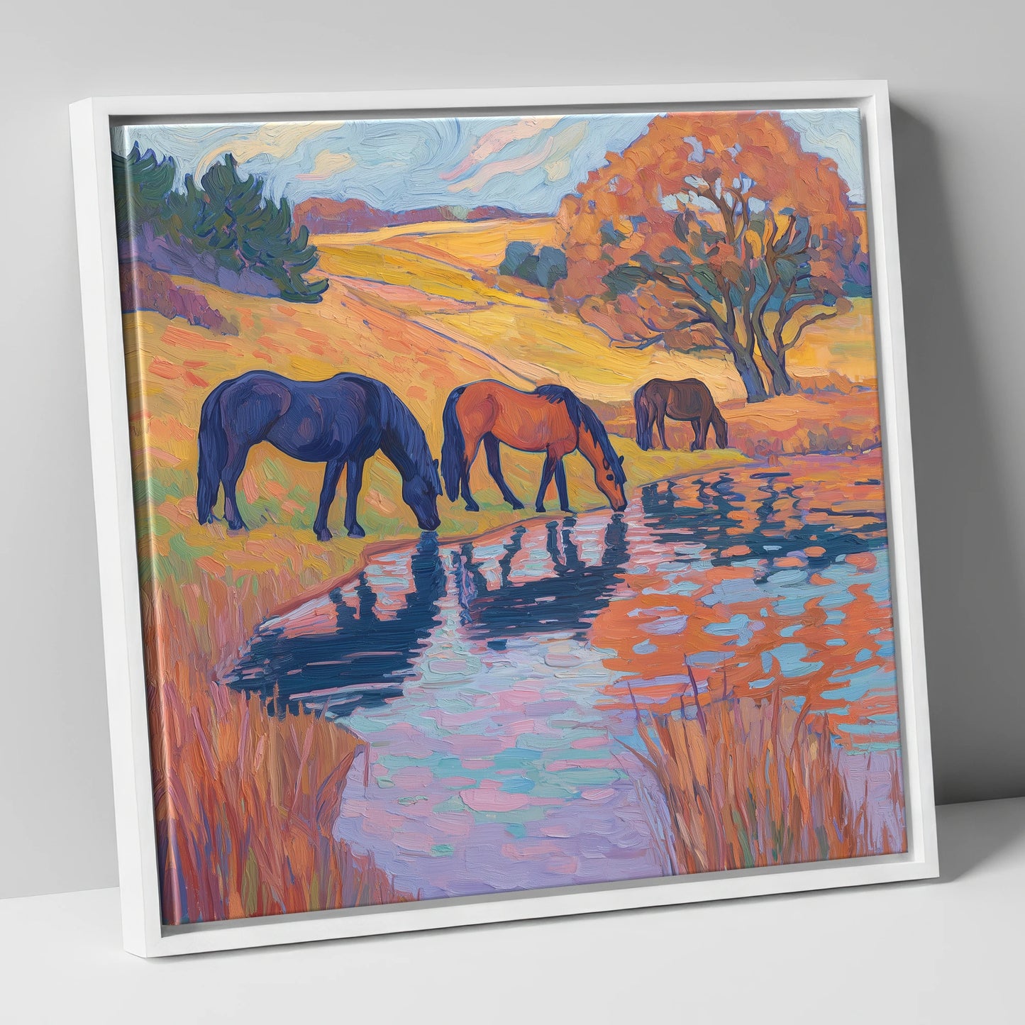 Painted Pasture Reflections horse landscape canvas wall art in white frame
