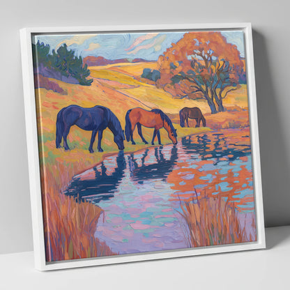 Painted Pasture Reflections horse landscape canvas wall art in white frame