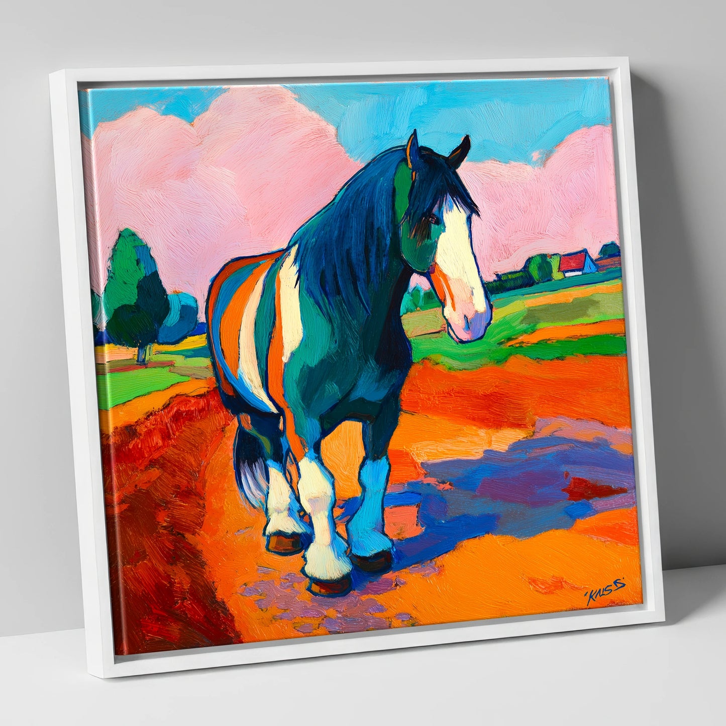 Vibrant Coloured Cob horse breed canvas wall art in white frame