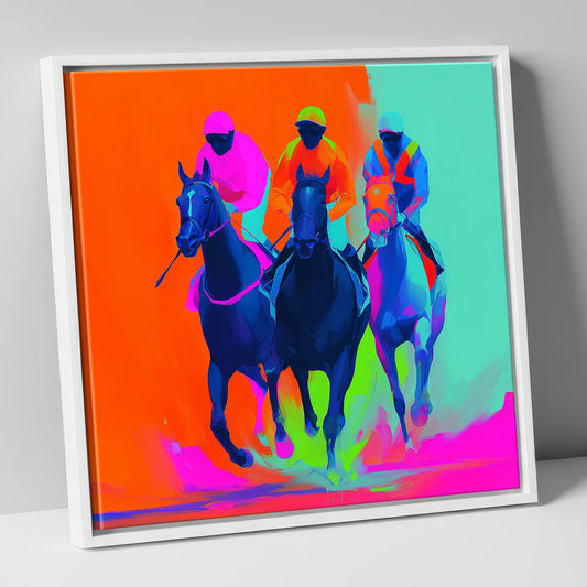Neon Final Furlong racing horse canvas wall art in white frame