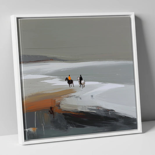 Riding the Grey Expanse horse landscape canvas wall art in white frame
