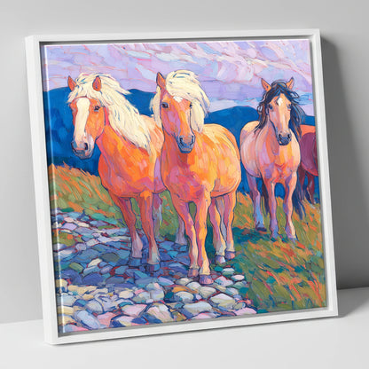 Painted Highland Herd horse landscape canvas wall art in white frame