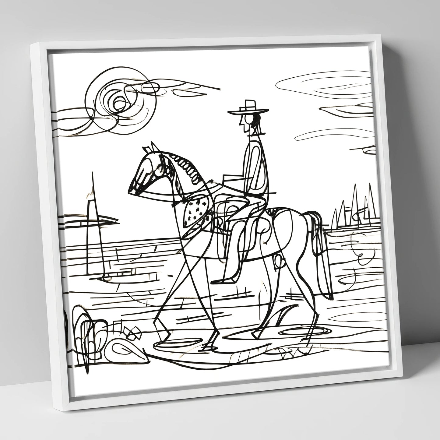 Abstract Coastal Ride beach horse canvas wall art in white frame