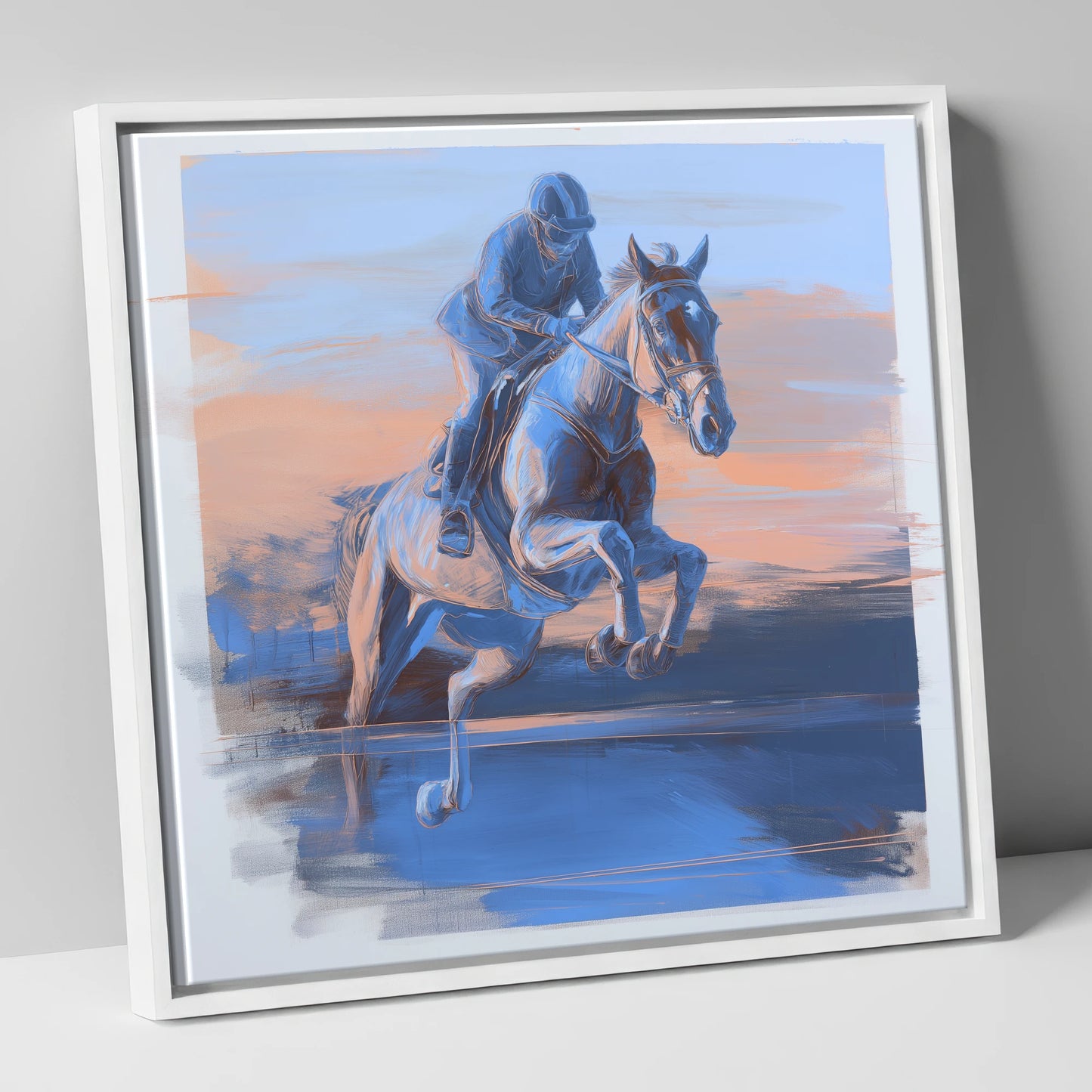 Cobalt Flight show jumping horse canvas wall art in white frame