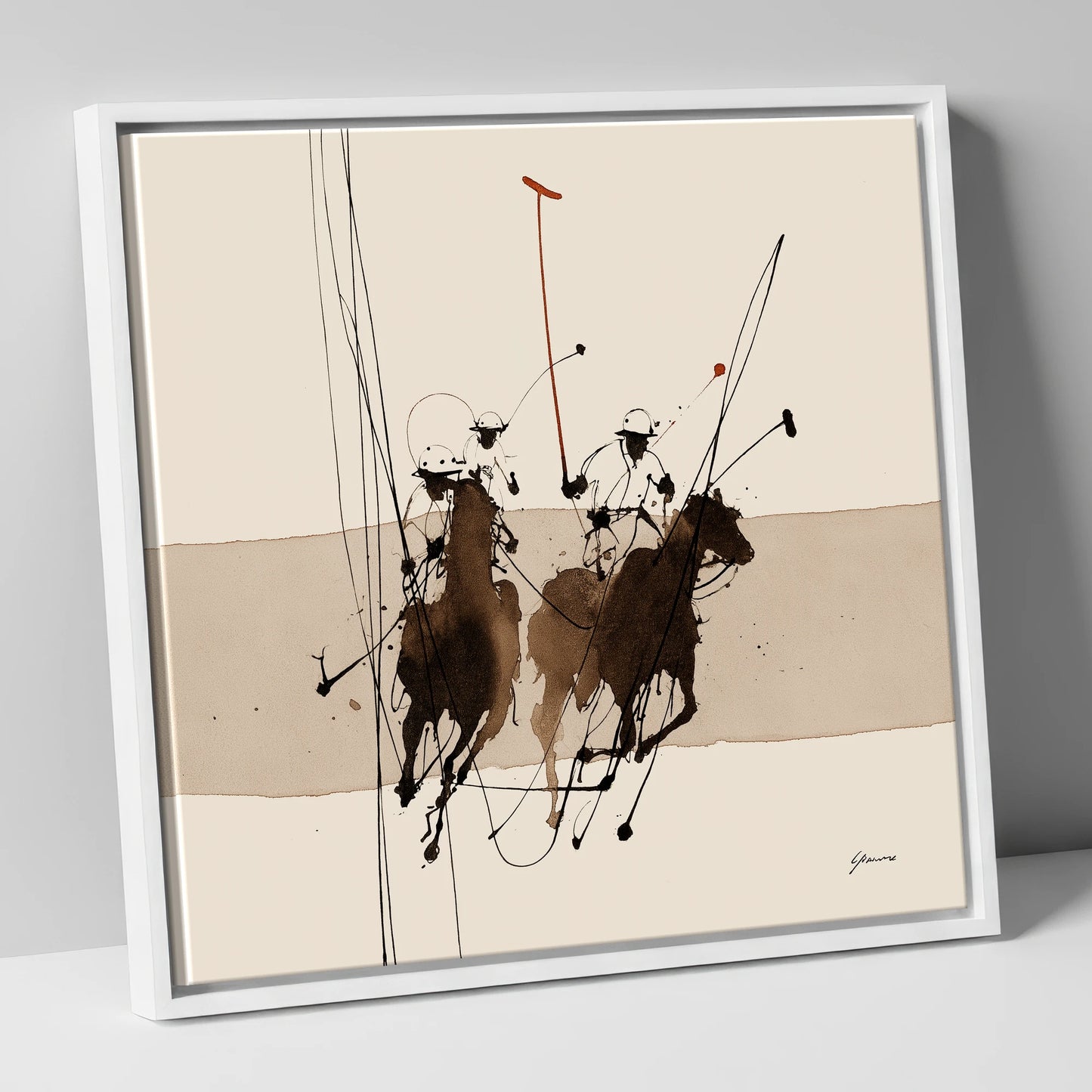 Polo in Motion polo horse canvas wall art in white frame