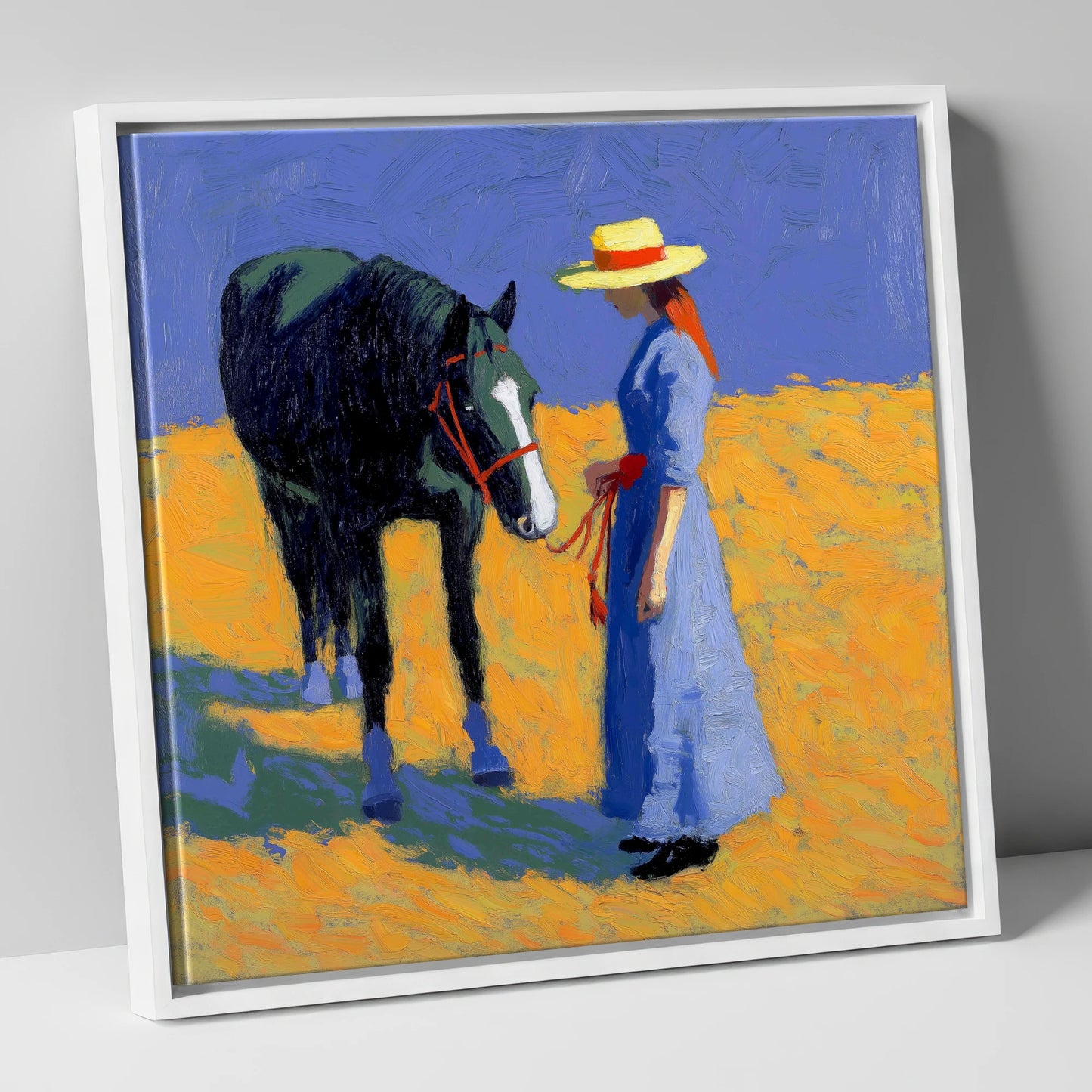 Golden Field Encounter horse & rider canvas wall art in white frame